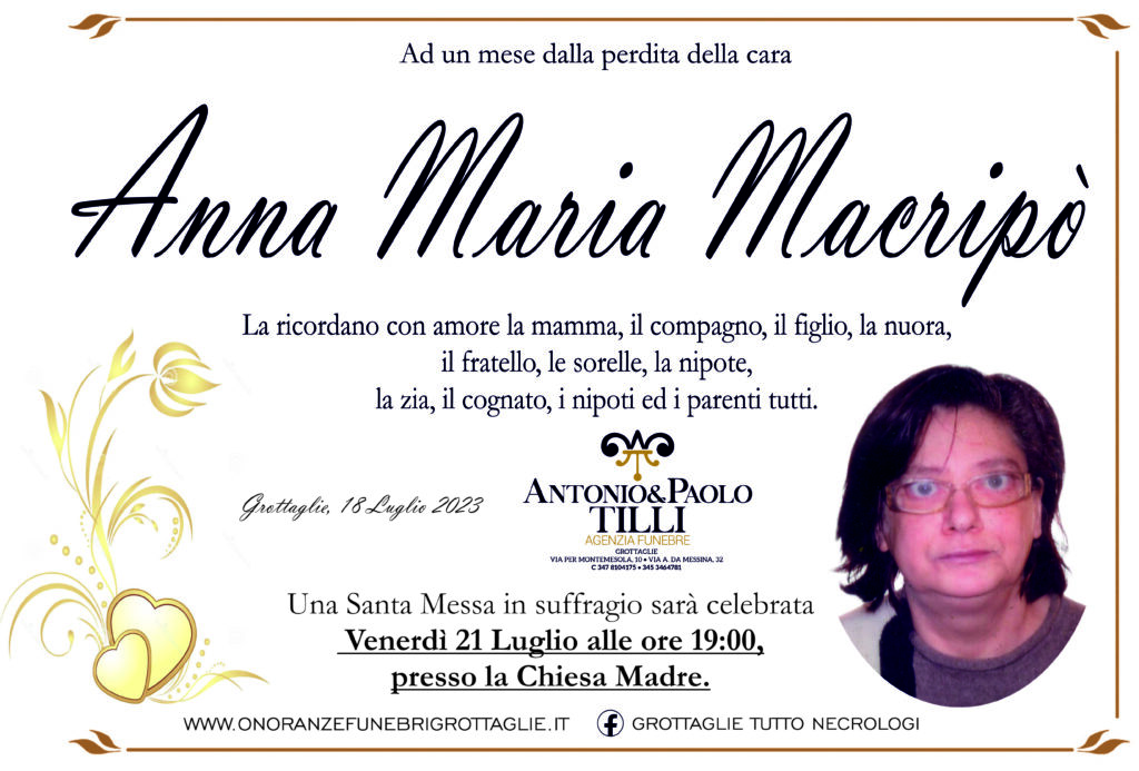 Anna Maria Macripò Anniversario - Onoranze Funebri Grottaglie Antonio e ...